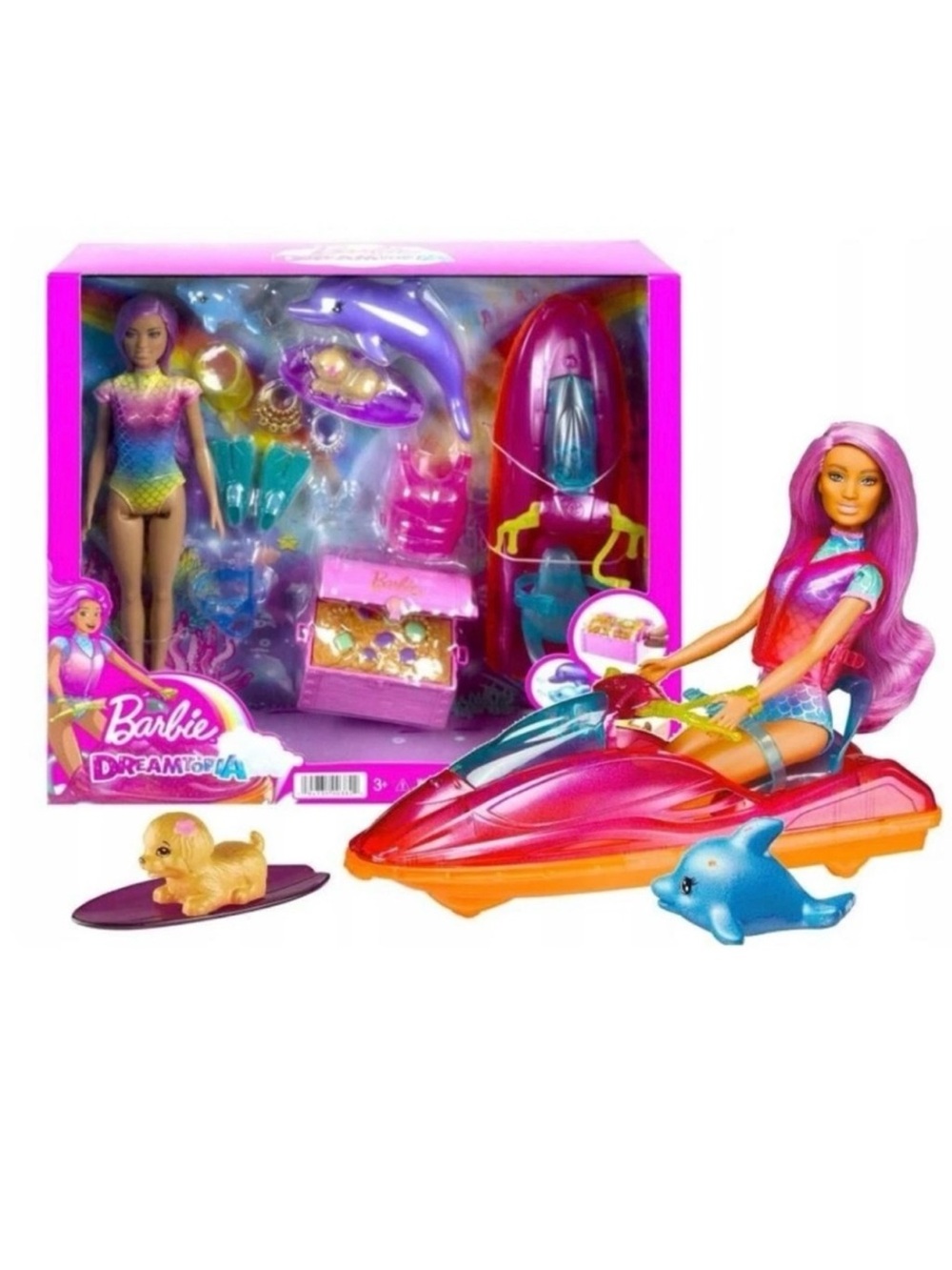 Barbie Beach Doll w/ Jet Ski Snorkel Fins + Puppy & Dolphins Dreamtopia NEW